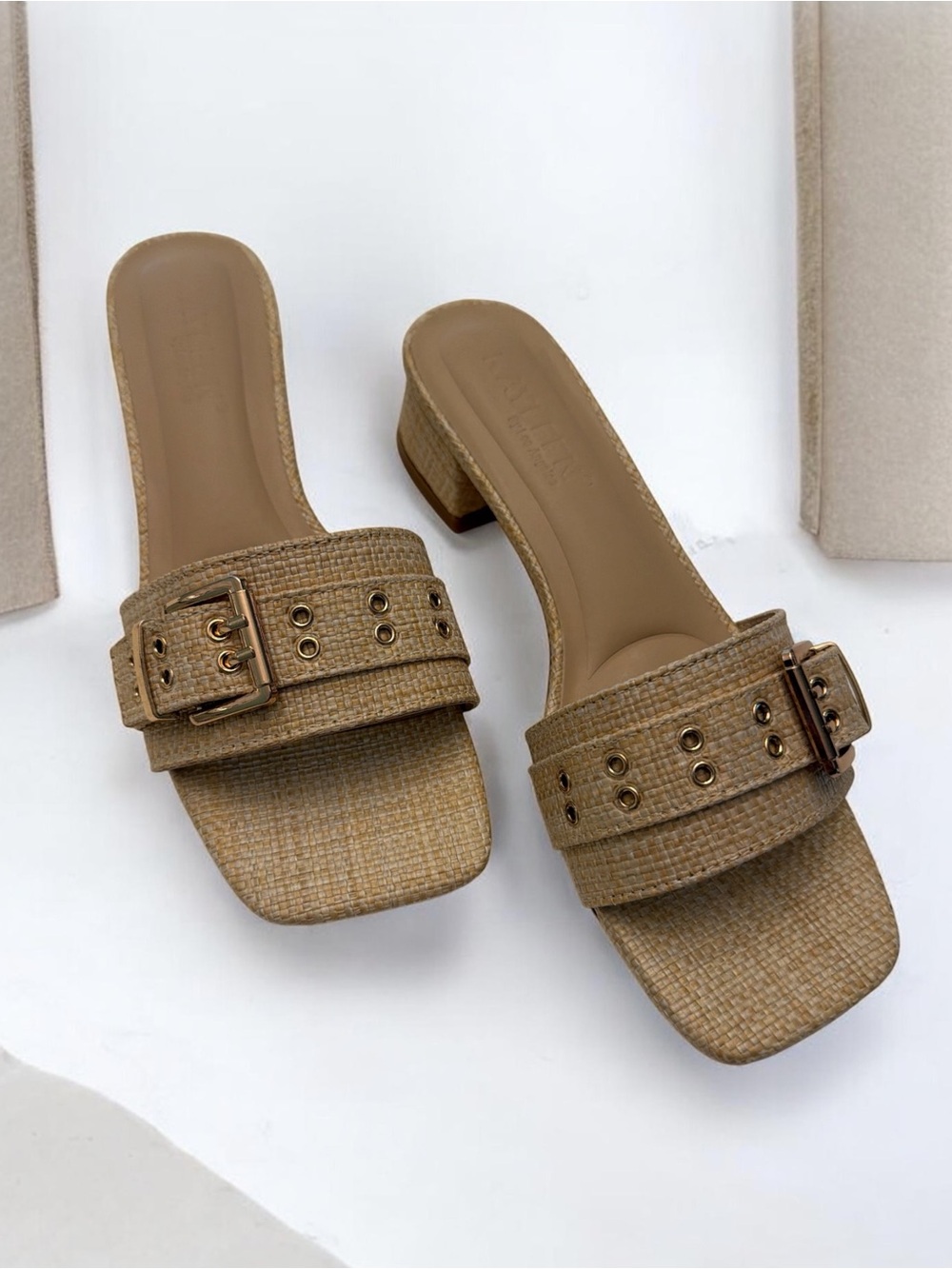 KAYLEEN By Los Angeles Tan Buckle Slide Sandals